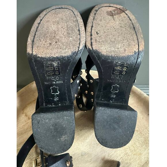 Maje Fiona sandals black leather gold silver studs ankle wrap sz 39 - Picture 11 of 14